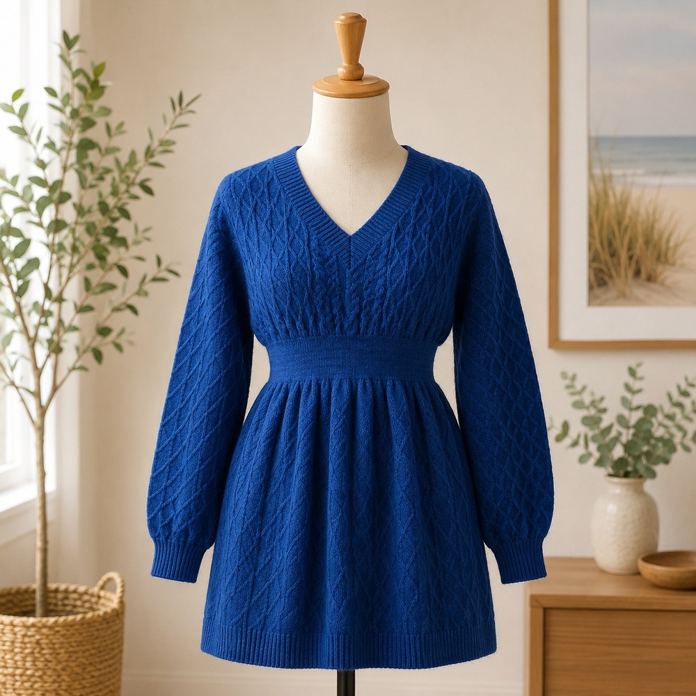 NWT Cupshe Sweater Dress Womens Medium Blue Cable Knit V-Neck Long Sleeve Mini